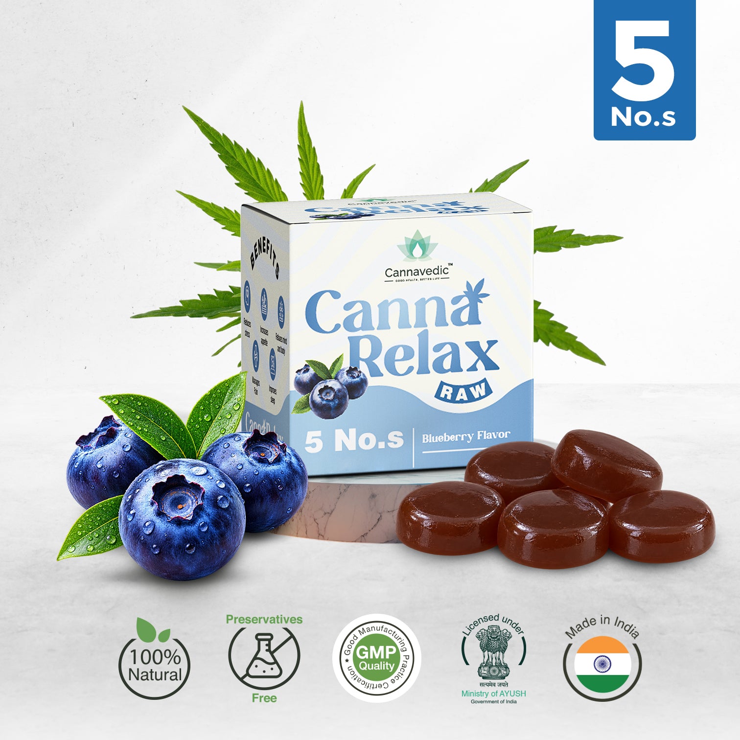 Canna Relax RAW (Blueberry) - Ayurvedic Vijaya Candy | Pack of 5 Candies  -30mg/Candy